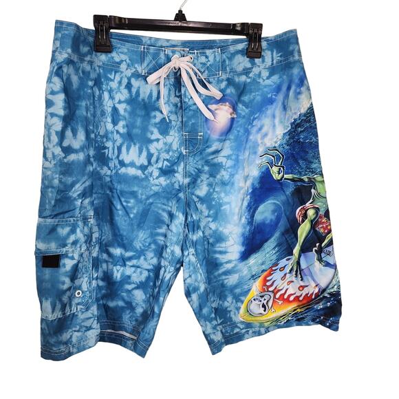 The Mountain Mens Board Shorts Swim Trunks Size 36 Alien Surf Blue Beach Pocket - Picture 1 of 11